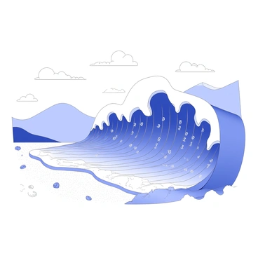 A massive wave made of binary numbers is crashing onto a shore. The wave is composed of cascading strings of ones and zeros, creating a dynamic and fluid appearance as it approaches the sandy beach. The shoreline is depicted with fine grains of sand, dotted with small rocks and shells. In the background, gentle rolling hills rise, providing context to the dramatic scene. The sky above is filled with scattered clouds, adding depth to the image. The composition captures the power and movement of the wave, illustrating the concept of big data visually.