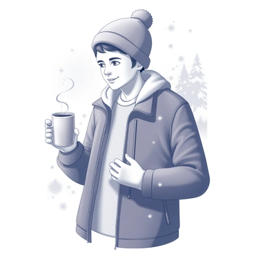 A person wearing a casual winter jacket, which has a zip-up front and a comfortable fit, is holding a steaming mug in their hands. Their head is covered with a snug beanie that fits closely, with a small pom-pom on top. The individual is standing in an outdoor setting, surrounded by light snowflakes gently falling around them. They are taking a moment to enjoy the warmth of the drink, with a slight smile on their face, exhaling visible breath in the cold air. The background is softly blurred, hinting at trees and a wintery landscape.