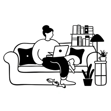 A fashionable woman wearing a stylish outfit is sitting on a plush couch with her legs crossed. She is focused on her laptop, which is open in front of her. A notebook and a pen are placed beside the laptop. Several decorative pillows are scattered on the couch, and a trendy lamp stands next to it. Nearby, there is a small coffee table with a steaming cup, and a potted plant adds a touch of greenery to the scene. The background features a bookshelf filled with various books and magazines. The words "Lifestyle Blog" are prominently displayed on the laptop screen.
