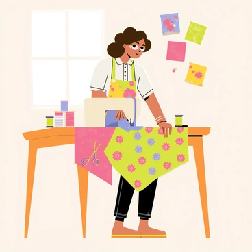 A seamstress with curly brown hair is sitting at a wooden sewing table, focused on her work. She is wearing a colorful apron over a white blouse. In front of her is a piece of vibrant fabric with patterns of red, blue, and yellow flowers. She is using a sewing machine, and her hands are carefully guiding the fabric through it. Spools of thread in various colors are scattered around the table, and a pair of scissors rests nearby. The background features a wall covered in swatches of fabric and a window letting in soft, natural light.