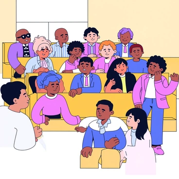 A diverse group of people sitting in wooden pews. Each person has distinct features, representing various ethnic backgrounds. They are facing forward with expressions of attentiveness while listening to a speaker at the front. The interior of the space has a warm tone, with soft lighting illuminating the scene. Some individuals are nodding, while others are looking at the speaker with interest. There are a few children sitting with adults, adding to the diversity of the gathering.