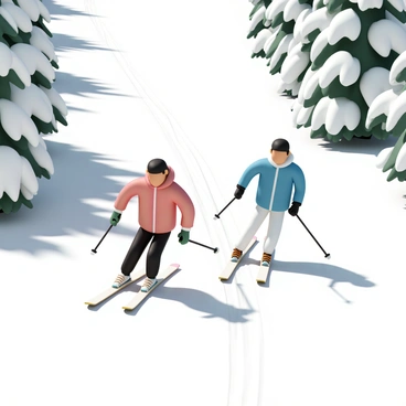 Two skiers, one wearing a bright red jacket and black pants while the other is dressed in a blue jacket and white pants, are gliding down a snowy slope. The snow is pristine and powdery, with tracks visible behind them. Evergreen trees, dense and green, line the sides of the slope, their branches heavy with fresh snow. The sun shines brightly, casting shadows of the skiers and the trees onto the snow. Both skiers are leaning slightly forward, with their poles extended, showcasing their movement and skill as they navigate the slope.