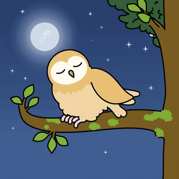 A small baby owl with fluffy feathers in shades of light brown and white, is peacefully sleeping on a sturdy tree branch. The owl's eyes are closed, and its tiny beak is slightly open. The branch is covered in green moss, and delicate leaves surround it. Soft moonlight bathes the scene, casting gentle shadows and highlighting the owl's feathers. The night sky is deep blue with a few scattered stars twinkling above.