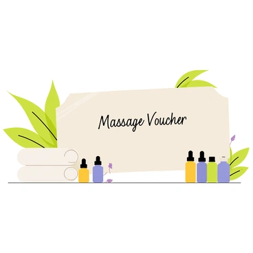 A massage voucher prominently displayed in the center of the image, featuring elegant text with "Massage Voucher" written in a graceful font. Surrounding the voucher are small bottles of essential oils in various colors, including lavender, eucalyptus, and peppermint. Soft, neatly folded white towels are arranged beside the voucher, adding to the spa ambiance. In the background, there are soft green plants and a gentle water feature that enhances the relaxing spa scene.