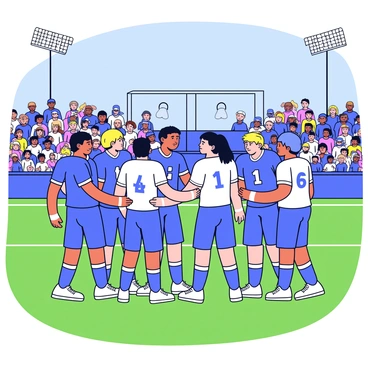 A group of players from a football team huddled together on a green field. They are wearing bright uniforms in various shades of blue and white, with helmets under their arms. The stadium lights cast a glow over the scene, illuminating the players' focused expressions. In the background, the stands are filled with cheering fans, creating a lively atmosphere. The field is marked with white lines, and a scoreboard can be seen in the distance.