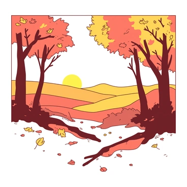 A duotone landscape features trees with vibrant orange and yellow leaves, their branches stretching towards a golden horizon. The ground is covered with a mix of fallen leaves in shades of orange and yellow. In the distance, rolling hills rise gently, blending into the golden sky as the sun sets, casting a warm glow across the scene. The overall atmosphere reflects the richness of autumn, with bold colors dominating the view.