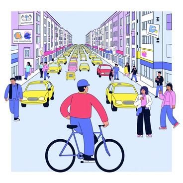 A person riding a bicycle on a busy city street filled with cars. The cyclist is wearing a blue helmet and a red jacket. Surrounding the cyclist are various vehicles, including yellow taxis and a few buses, all moving in different directions. Pedestrians are walking on the sidewalks, some carrying bags and others checking their phones. Tall buildings line the street, with advertisements and colorful storefronts visible. The street is bustling with activity during rush hour.