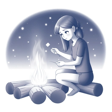 A girl sitting by a campfire. She has long hair tied back and is focused on roasting marshmallows on a stick held over the flames. The campfire emits bright light, creating shadows on her face. Around her, there are several logs arranged as seating. In the background, a starry sky is visible, with numerous stars twinkling brightly against the darkness. The scene conveys a sense of outdoor tranquility.