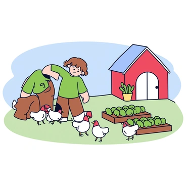 A hobbit with curly brown hair is tending to a small farm beside their round hobbit hole. The hobbit is wearing a simple green shirt and brown trousers. There are several chickens pecking at the ground near the farmhouse. The vegetable patch is neatly organized, featuring rows of green vegetables. In the background, there is a small red barn with a white door. The scene is set under a clear blue sky.