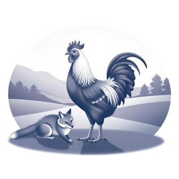 A rooster standing upright with its head held high, depicted in silhouette against a dramatic sunset. The rooster's feathers are intricately detailed with curves and shapes that shape its form. Beside the rooster, a fox is crouched low, its body poised as if ready to pounce, with a bushy tail that sweeps behind. The background features a wide expanse of rolling hills and gentle fields, outlined by the contrast of light and dark created by the setting sun. The scene captures the essence of the countryside with sparse trees in the distance, all presented in a monochrome drawing style.