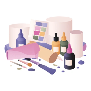 A close-up of various printing materials like inks and paper rolls