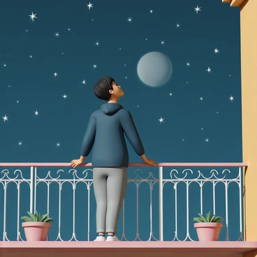 A person, wearing a dark blue hoodie and gray sweatpants, is standing on a wooden balcony. The balcony has a wrought iron railing, and small potted plants are placed on the edges. The person has short black hair and is gazing up at the "starry night sky," filled with numerous bright stars twinkling against a deep blue background. The moon is visible, casting a soft glow over the scene. The person's arms are resting on the railing, and their expression shows awe and wonder as they take in the beauty of the night sky.