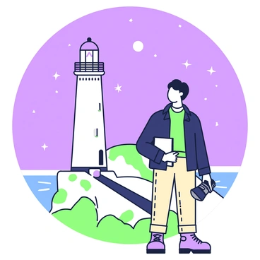 A lighthouse keeper with short hair is standing next to a tall lighthouse. He is wearing a navy blue jacket and beige pants, along with sturdy boots. The lighthouse features a large, rotating beacon at the top that illuminates the surroundings, casting a bright light across the dark night sky. The keeper is gazing thoughtfully towards the horizon, with a notepad in his left hand and a sturdy flashlight in his right. In the background, there are rocky cliffs and a calm sea reflecting the light from the beacon. The stars are visible in the clear night sky above.