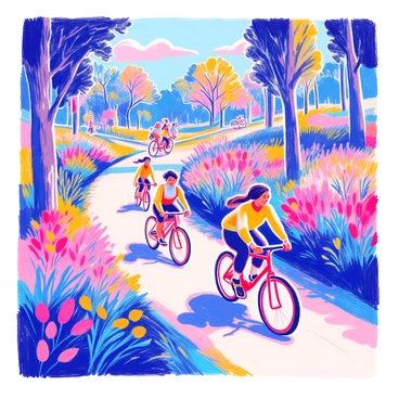 A group of women is cycling through a vibrant park filled with colorful flowers and lush greenery. The scene captures several women of diverse backgrounds wearing colorful athletic wear as they ride their bicycles along a winding path. The sunlight casts a warm golden hue over the landscape, enhancing the vivid colors of the park. In the background, tall trees sway gently in the breeze, and the sky is painted with soft shades of orange and pink. Some women are laughing and chatting while others focus on the path ahead.