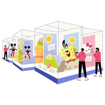 A museum exhibit showcasing "famous cartoon characters" arranged in a spacious, well-lit gallery. Each character is displayed in a separate glass case with colorful, playful backgrounds relevant to their stories. "Mickey Mouse" stands in one case, holding his trademark gloves, while "SpongeBob SquarePants" is positioned nearby with his iconic pineapple house in the backdrop. "Bugs Bunny" lounges casually in another case with a carrot in hand, and "Hello Kitty" smiles sweetly in a pink-themed display. Visitors are seen in the gallery, pointing and taking photos of the characters, with informational plaques beside each exhibit detailing their history.