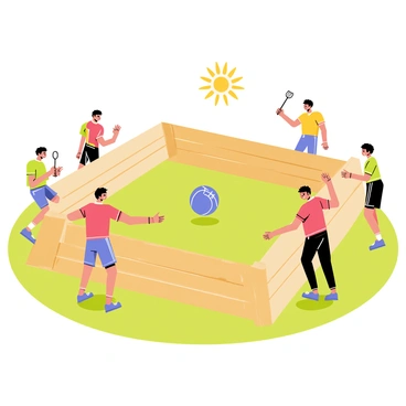 A wooden pit with high walls enclosing a round area where a "gaga ball" is prominently displayed in the center. Players around the pit are depicted in various dynamic poses, actively engaging in the game. Each player wears colorful sports uniforms, showcasing a variety of bright colors such as red, blue, and green. The expressions on their faces reflect concentration and excitement as they prepare to hit the ball. The sun is shining brightly overhead, casting cheerful shadows on the ground, and the grass surrounding the pit is lush and green. The scene captures the energy of a lively game in progress.