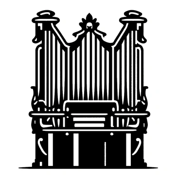 A grand church organ made of dark wood with intricate carvings, featuring shiny golden pipes, positioned prominently in a vast cathedral filled with high arched ceilings and stained glass windows.