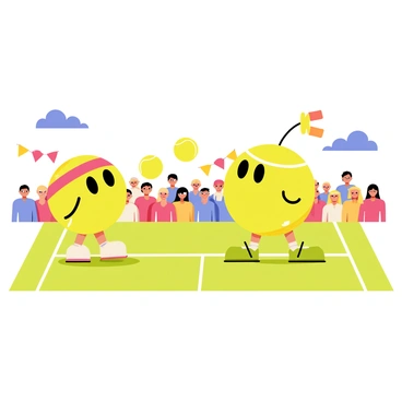A cartoon scene depicting two anthropomorphic tennis balls playing on a mini tennis court. The first tennis ball is wearing a red headband and is preparing to serve, while the second tennis ball, wearing green sneakers, is crouched low, ready to receive the serve. The mini court features bright green lines and a net in the middle. In the background, there are colorful banners and a cheering crowd of other cartoon tennis balls watching the match with excitement. Bright blue skies overhead complete the lively atmosphere of the scene.