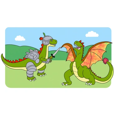 A colorful dinosaur with green skin and a spiky back is wearing shiny silver armor that glimmers under the light. The dinosaur has a helmet adorned with a plume and is brandishing a small sword, ready for action. In front of it, there is a large paper dragon made from folded and crumpled colored paper, with exaggerated features like big eyes and jagged teeth. The paper dragon is flapping its wings, which are colorful and textured, creating an impression of being fearsome despite its paper nature. The scene is set in a whimsical landscape with rolling hills and a bright blue sky, enhancing the playful atmosphere of the battle.