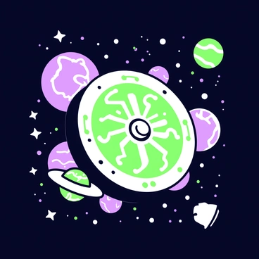 A spinning wheel is floating in the vastness of space, surrounded by numerous stars and planets. The wheel has intricate designs on its surface, with symbols that seem to swirl as it rotates. There are several planets of various sizes in the background, each with unique textures and patterns. Small bright stars twinkle in the black void of space, while a few floating asteroids drift nearby, adding to the scene's complexity.