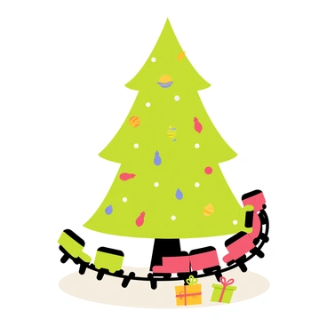 A miniature train set with bright red and green cars is circling around the base of a Christmas tree. The train tracks are made of shiny black plastic, creating a circular path. The Christmas tree is adorned with multicolored lights and shiny ornaments in various shapes. There is a layer of fluffy white snow at the base of the tree, adding to the festive atmosphere. Tiny presents are scattered around the tree, wrapped in colorful paper with cheerful bows. The scene is filled with a warm, joyful holiday spirit.