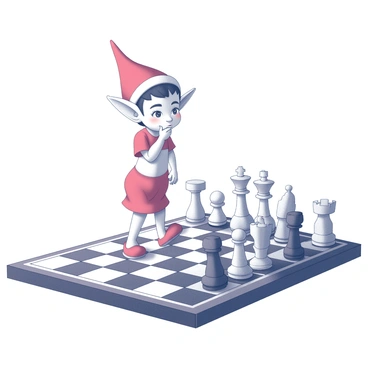 An elf figure with pointed ears and a playful expression is standing on a large chessboard. The elf is positioned near the center of the board, with one hand resting on a chess piece while the other hand is raised to its chin, exhibiting a thoughtful pose. The chess pieces are intricately designed, featuring a mix of traditional shapes such as rooks, knights, and bishops. The squares of the chessboard alternate between black and white, creating a stark contrast against the elf's bright attire. The elf is wearing a red and white outfit, complete with a hat. Its eyes are focused intently on the pieces, suggesting a moment of strategic contemplation.
