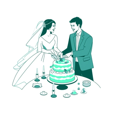 A white bride in a flowing gown and a teal groom in a sharp suit are standing together at a beautifully decorated table. They are cutting a three-tiered wedding cake adorned with white flowers and intricate designs. As they slice through the cake, they are smiling at each other, their joy evident in their expressions. Surrounding the cake are small white plates and decorative candles, adding to the festive atmosphere of the celebration.