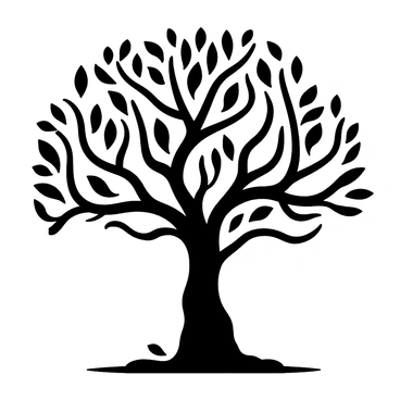 A symbolic tree of life with intricate branches and roots, drawn in black ink.