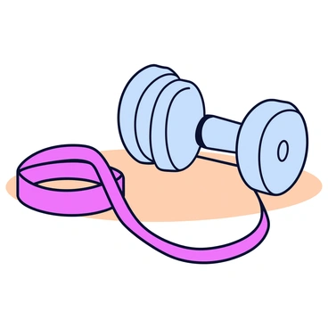 A close-up view of two dumbbells with a sleek metallic finish resting on a light-colored surface. Beside the dumbbells is a bright red resistance band, slightly stretched and coiled, indicating recent use. The background features a subtle shadow that enhances the visibility of the equipment. The lighting creates a focus on the textures of the dumbbells and the smooth elasticity of the resistance band.