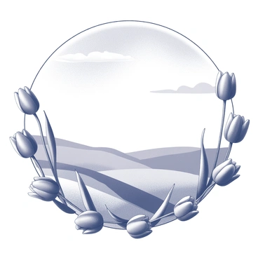 A frame made of tulips. The tulips are arranged in a circular pattern, showcasing their delicate petals and stems. Inside the frame, there is a gentle landscape featuring rolling hills and a soft horizon line. The hills are gently undulating, and the sky above is filled with a few wispy clouds.
