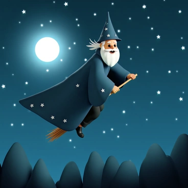 A wizard, wearing a long dark blue robe adorned with silver stars, is flying on a broomstick. He has a long white beard and pointed hat, which flaps in the wind as he soars through the air. The night sky is filled with countless sparkling stars and a bright full moon casting a gentle glow. Below him, the silhouette of dark treetops can be seen against the illuminated sky. The scene captures a sense of adventure as the wizard navigates through the night.