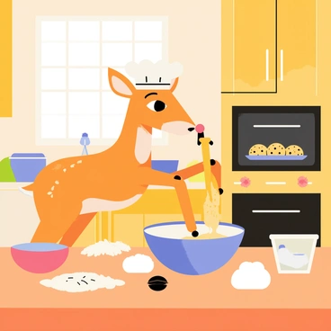 A deer standing on its hind legs in a rustic kitchen, wearing a white chef's hat. The deer is using its front hooves to mix cookie dough in a large mixing bowl on a wooden table. Around the kitchen, there are various ingredients scattered, including flour, sugar, and chocolate chips. An oven can be seen in the background with a tray of freshly baked cookies inside. The kitchen has wooden cabinets and a cozy, warm atmosphere, with sunlight streaming through a window, illuminating the scene.