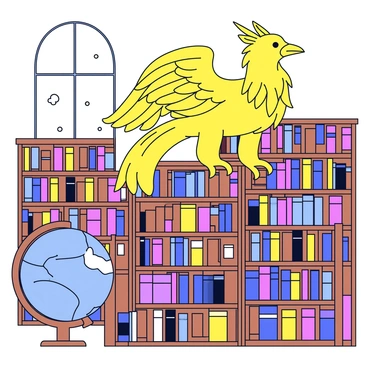 A griffon with golden feathers and a sharp beak is perched atop tall wooden bookshelves filled with ancient books. The griffon's wings are slightly spread, showcasing its powerful stature. The books on the shelves are bound in various colors, with some showing signs of age and wear. The library has a warm, inviting atmosphere with soft light filtering through tall windows, illuminating dust particles in the air. A large globe is placed in one corner of the library, adding to the scholarly ambiance.
