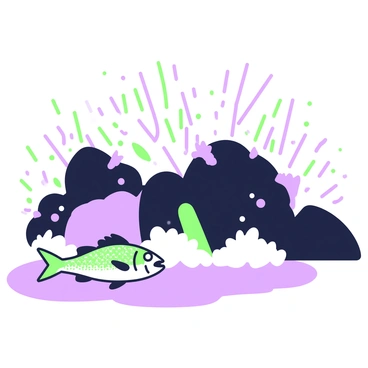 A rocky shore with large, dark boulders is the focus of the scene. Waves are crashing against the rocks, creating splashes of water that rise into the air. Among the rocks, there is a dead fish lying on the ground, its scales glistening in the light. The fish's position highlights the contrast between the rough texture of the rocks and the smooth surface of the fish. The foam from the waves is visible, adding to the dynamic nature of the scene.