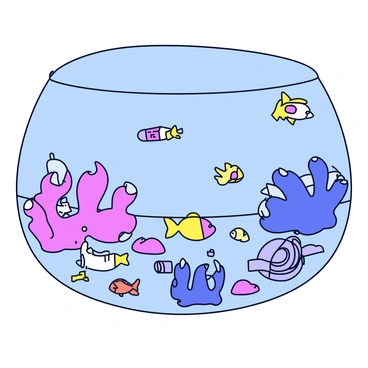 An illustration depicting a coral reef ecosystem affected by human activity. The scene includes broken coral structures scattered across the ocean floor, some showing signs of damage and discoloration. Debris such as plastic bottles and discarded fishing nets is visible among the corals. Fish are swimming around, some appearing to be confused by the changes in their environment. The water is a clear blue, highlighting the contrast between the vibrant marine life and the unhealthy coral structures.