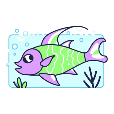 A tropical fish is swimming gracefully in clear water. The fish has unique patterns with intricate designs covering its body. Its fins are elongated and flowing, displaying a variety of shapes. The colors of the fish are vibrant and eye-catching, highlighting its distinctive features. Surrounding the fish, the water is filled with bubbles, and a few small corals can be seen in the background. The fish is positioned slightly off-center, creating a dynamic composition.