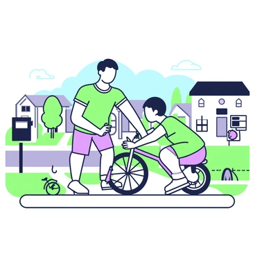 A parent is standing beside a child who is attempting to ride a bike on a smooth sidewalk in a suburban neighborhood. The child, wearing a purple helmet, is gripping the handlebars with both hands, looking determined. The parent is crouching down to provide encouragement and guidance, wearing a green t-shirt and shorts. In the background, there are several houses with green lawns, trees lining the street, and a blue sky with a few clouds. A mailbox stands near the curb, and a bicycle is parked nearby.