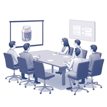 A meeting room with a large rectangular table at the center. Several chairs are arranged around the table, and various clients are seated, attentively looking at a large presentation screen. On the screen, there is an illustration of jelly in a clear, glass jar. The jelly has a glossy finish, showcasing its smooth texture. There are notes and papers scattered on the table, and a whiteboard in the background displaying key points related to the presentation. The lighting in the room is bright, highlighting the focus on the screen.