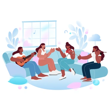 A group of women is gathered in a cozy living room, each holding different musical instruments. One woman is strumming a guitar, while another plays a violin, and a third is on the piano. They are all engaged in a joyful performance, surrounded by colorful cushions and plants. Sunlight streams through a window, casting a warm glow over the scene, and music notes appear in the air around them, creating a vibrant atmosphere of harmony and creativity.