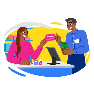 A customer holding a colorful loyalty card up to a cashier at the checkout counter. The cashier is smiling and wearing a uniform, with a name tag visible. The scene captures a brightly lit store interior, with shelves filled with products in the background. The customer has a pleased expression, while the loyalty card prominently displays “Loyalty Card” in bold lettering. The countertop is adorned with various items, including a register and a small promotional sign indicating discounts.
