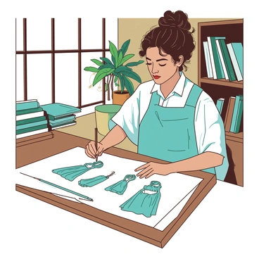 An artist is seated at a wooden drafting table in a cozy studio, focused intently on drawing fashion sketches of iconic French outfits. The artist has curly hair pulled back into a loose bun and is wearing a light blue smock over a white shirt. Various sketches are scattered around the table, showcasing elegant dresses and chic accessories, all outlined in a vibrant teal. In the background, there are shelves filled with fabric swatches in different textures and colors. A large window lets in warm light, illuminating the creative space, while a potted plant sits in the corner next to a stack of art books.