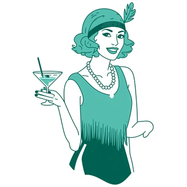 A teal woman wearing a 1920s flapper dress adorned with fringe and sequins. She has a matching teal headband embellished with a small feather. Around her neck, there are multiple strands of white pearls that drape elegantly. In her right hand, she holds a delicate white martini glass filled with a clear beverage and garnished with an olive. The woman's hair is styled in soft waves, framing her face with a confident smile.
