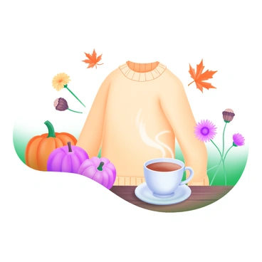 A modern pastel illustration in progress featuring a cozy autumn scene. The composition includes a variety of "autumn leaves" in shades of orange, red, and yellow scattered around a "soft, knitted sweater" in a warm cream color. In the background, there are hints of "pumpkins" and "acorns" to emphasize the seasonal theme. Delicate "fall flowers" like chrysanthemums add a touch of color, while a steaming "cup of tea" sits nearby on a wooden surface. The entire scene exudes a sense of warmth and comfort associated with the autumn season.