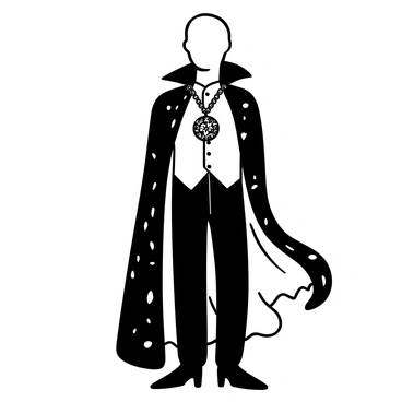 A vampire lord costume displayed on a mannequin. The costume features an elaborate high-collared cape that drapes dramatically to the floor. The cape has intricate patterns, adding to its regal look. Prominently displayed are sharp fangs that gleam subtly, suggesting a menacing presence. A large, ornate medallion hangs from a chain around the neck, featuring intricate designs that catch the light. The ensemble is completed with a fitted vest and trousers, creating a striking silhouette.