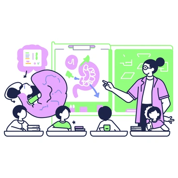 A classroom scene where a colon is engaging with children about digestion. In the center, a large, cartoonish colon is animated and smiling, capturing the children's attention. There are six children sitting at desks, looking curious; they are diverse in appearance. A large poster on the wall displays a diagram of the digestive system, labeled with colorful arrows. The teacher, a friendly figure with glasses, points towards the poster, emphasizing key points. Desks are organized with some books and small models related to digestion, and a chalkboard in the background has handwritten notes and drawings.