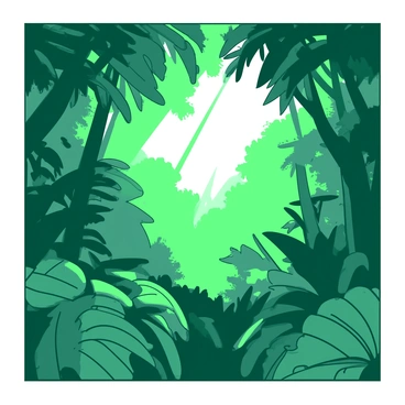 A view looking up through a thick canopy of green leaves in a rainforest. Sunlight filters through the leaves, creating patterns of light and shadow on the forest floor. The leaves are varied in shape and size, some large and broad, while others are smaller and more delicate. The sunlight appears as beams piercing through gaps, illuminating the vibrant greenery around. The atmosphere is filled with a sense of depth, as layers of foliage create a lush, textured ceiling above.
