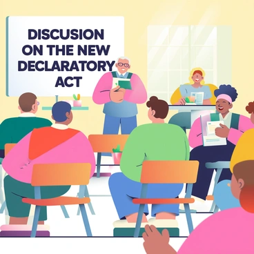A small town meeting is taking place in a cozy, well-lit community hall. Several citizens, both men and women of varying ages, are seated on wooden chairs arranged in a semi-circle. A large whiteboard at the front displays the title "Discussion on the New Declaratory Act" in bold black letters. In the center, a middle-aged man with brown hair and glasses stands at a podium, passionately addressing the audience. To his right, a young woman with curly hair is taking notes on a clipboard. Tables in the background are covered with pamphlets and refreshments. Sunlight streams in through the windows, illuminating the engaged faces of the attendees as they listen intently.