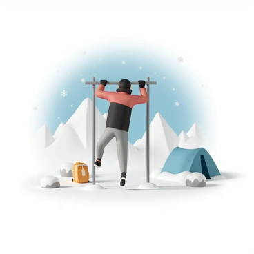 A person, wearing a red and black insulated jacket, gray sweatpants, and black gloves, is performing pull-ups on a metal bar that is fixed in the snowy ground of a mountain base camp. The bar is surrounded by a few scattered snow-covered boulders and camping gear, including a blue tent and a yellow backpack. Snowflakes are gently falling around, adding to the winter atmosphere. In the background, tall, snow-capped mountains rise against a clear blue sky, with distant peaks shimmering in the sunlight.