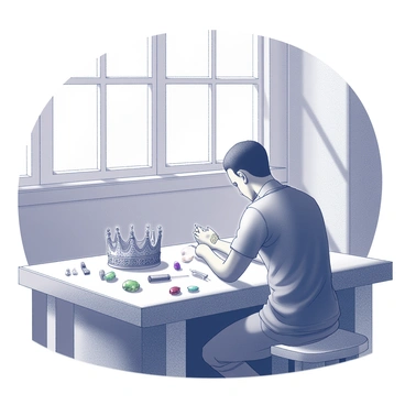 An artisan is positioned at a sturdy wooden workbench in a well-lit workshop. They are focused on crafting a royal crown, which is partially formed and adorned with intricate designs. The crown features elaborate patterns that showcase fine detail, reflecting the skill of the artisan. Surrounding the workbench are various tools, including chisels and files, alongside a selection of precious gems that are arranged meticulously for easy access. The atmosphere of the workshop conveys a sense of dedication and craftsmanship, with sunlight illuminating the delicate work being done.