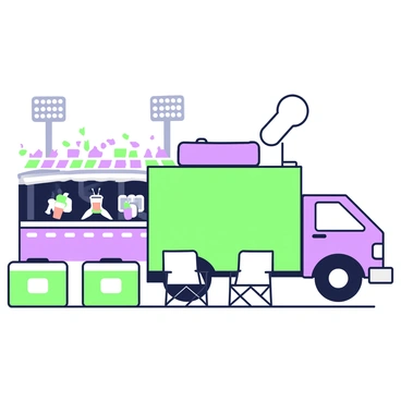 A truck is parked outside a stadium, displaying a large grill at the back, with smoke rising from it. Next to the truck, there are several coolers arranged in a row, each labeled with different beverages. In front of the truck, two folding chairs are set up, facing the stadium, inviting attendees to sit and enjoy the atmosphere. The stadium offers a backdrop of fans arriving, with bright lights illuminating the entrance.